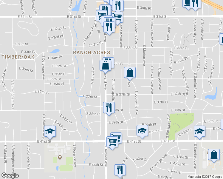 map of restaurants, bars, coffee shops, grocery stores, and more near 3611 South Harvard Avenue in Tulsa