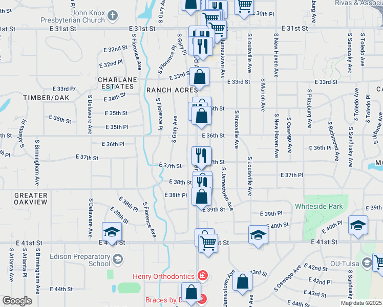 map of restaurants, bars, coffee shops, grocery stores, and more near 3611 South Harvard Avenue in Tulsa