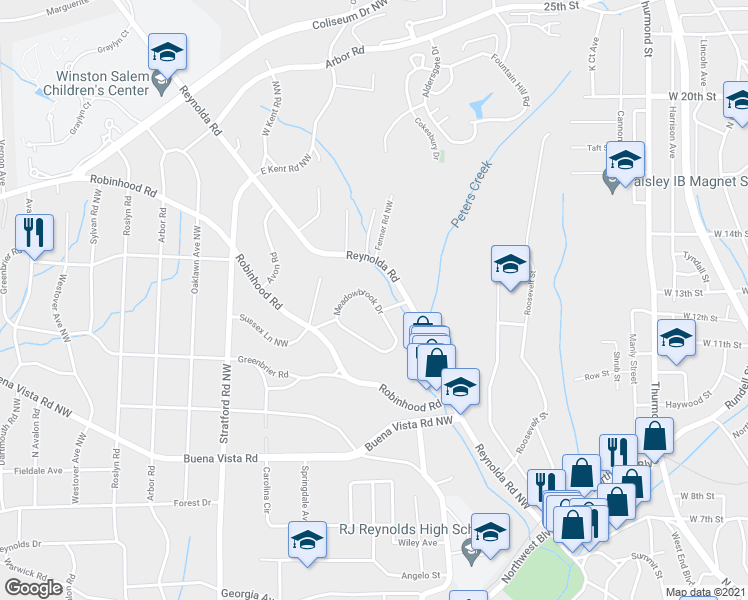 map of restaurants, bars, coffee shops, grocery stores, and more near 1705 Meadowbrook Drive in Winston-Salem