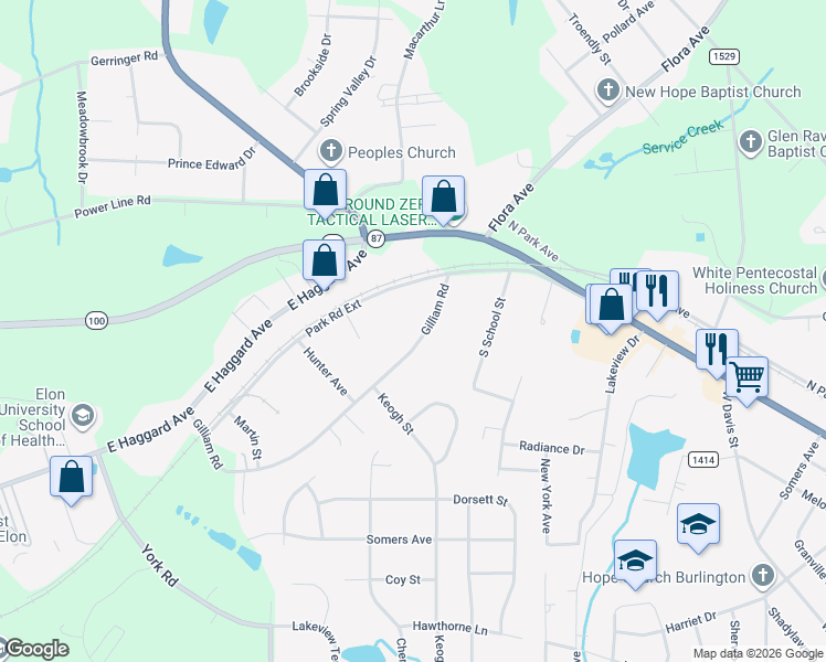 map of restaurants, bars, coffee shops, grocery stores, and more near 2451 Gilliam Road in Elon