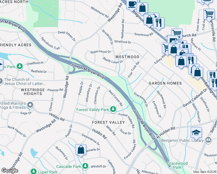map of restaurants, bars, coffee shops, grocery stores, and more near 2002 Red Forest Road in Greensboro