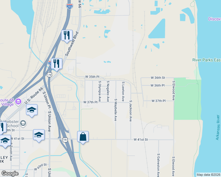 map of restaurants, bars, coffee shops, grocery stores, and more near 3601 South Nogales Avenue in Tulsa
