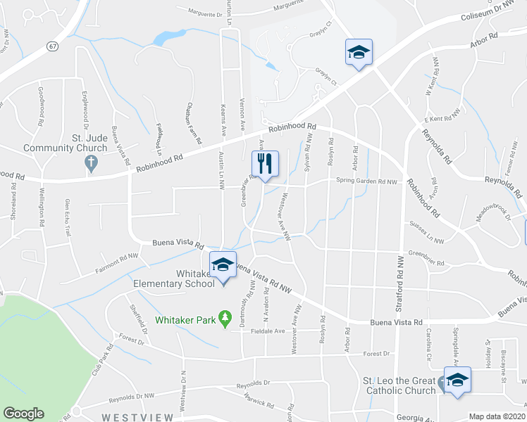 map of restaurants, bars, coffee shops, grocery stores, and more near 715 North Avalon Road in Winston-Salem