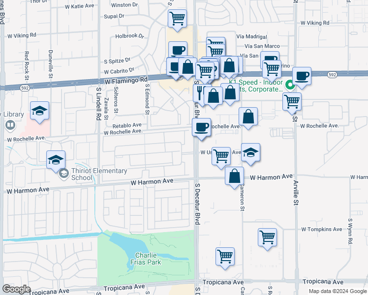 map of restaurants, bars, coffee shops, grocery stores, and more near 4370 Sandy River Drive in Las Vegas