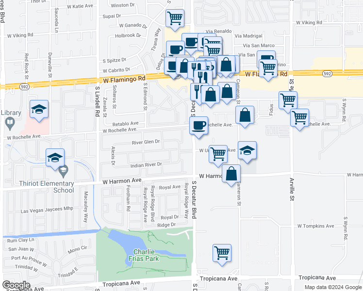 map of restaurants, bars, coffee shops, grocery stores, and more near 4370 Sandy River Drive in Las Vegas