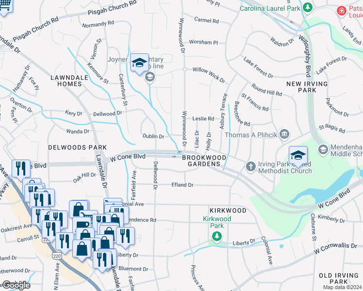 map of restaurants, bars, coffee shops, grocery stores, and more near 2703 Wynnewood Drive in Greensboro