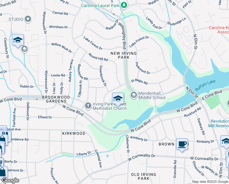 map of restaurants, bars, coffee shops, grocery stores, and more near 2904 Saint Regis Road in Greensboro