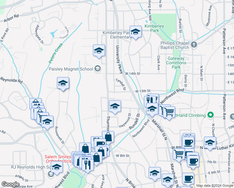 map of restaurants, bars, coffee shops, grocery stores, and more near 1206 West 13th Street in Winston-Salem