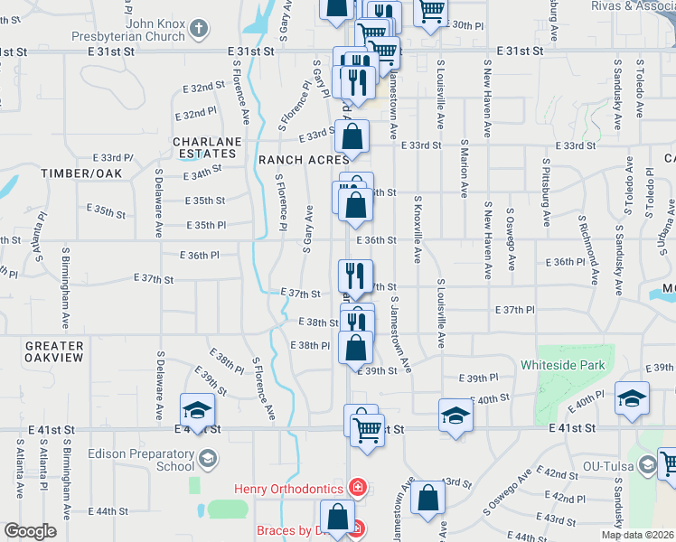 map of restaurants, bars, coffee shops, grocery stores, and more near 3611 South Harvard Avenue in Tulsa
