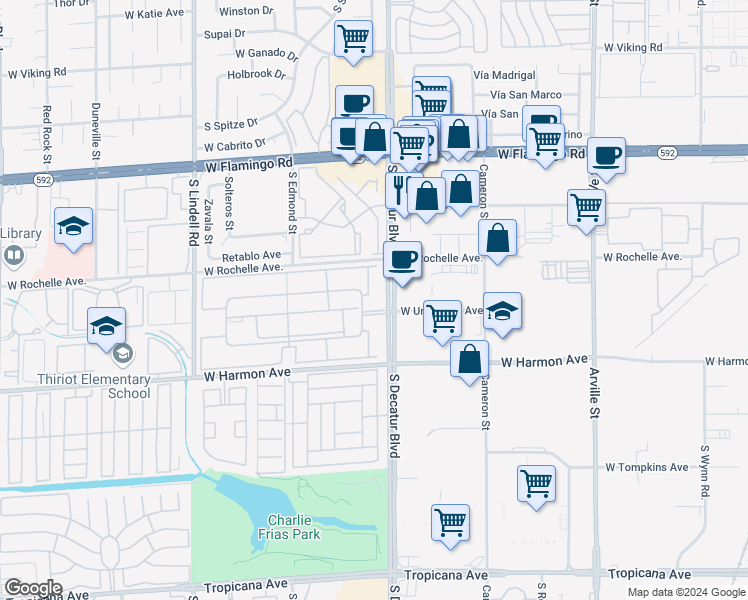map of restaurants, bars, coffee shops, grocery stores, and more near 4360 Sandy River Drive in Las Vegas