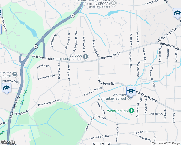 map of restaurants, bars, coffee shops, grocery stores, and more near 2845 Merry Acres Lane in Winston-Salem