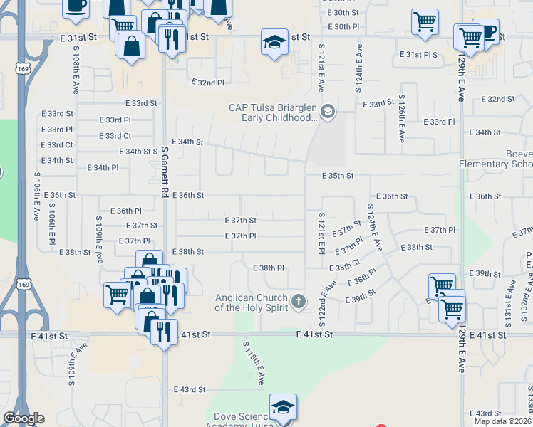 map of restaurants, bars, coffee shops, grocery stores, and more near 11824 East 36th Street in Tulsa