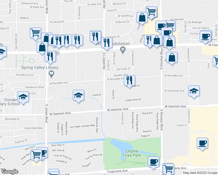 map of restaurants, bars, coffee shops, grocery stores, and more near 5404 River Glen Drive in Las Vegas
