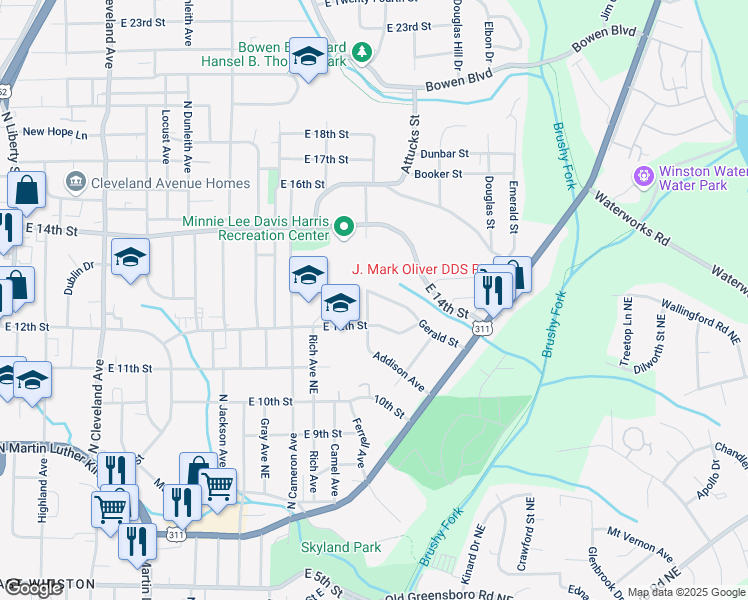 map of restaurants, bars, coffee shops, grocery stores, and more near 2115 Gerald Street in Winston-Salem