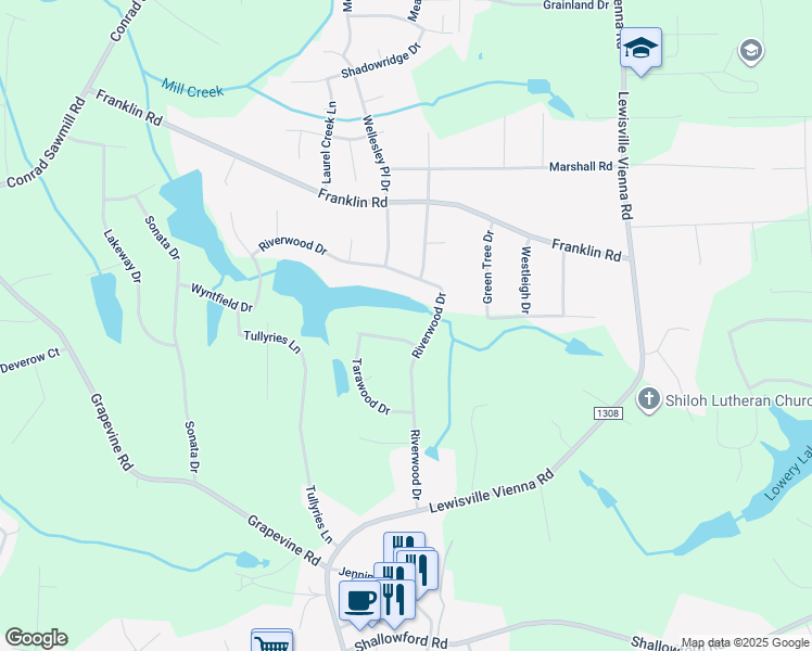 map of restaurants, bars, coffee shops, grocery stores, and more near 205 Flintridge Drive in Lewisville