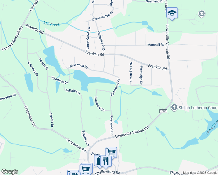map of restaurants, bars, coffee shops, grocery stores, and more near 205 Flintridge Drive in Lewisville