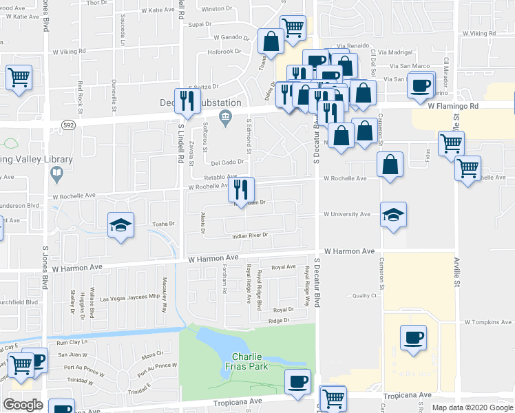 map of restaurants, bars, coffee shops, grocery stores, and more near 5081 River Glen Drive in Las Vegas
