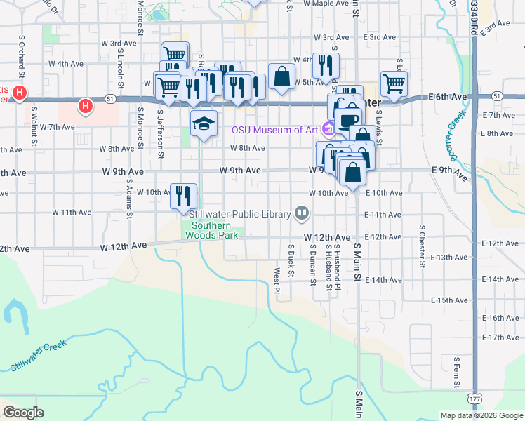 map of restaurants, bars, coffee shops, grocery stores, and more near 1016 South West Street in Stillwater