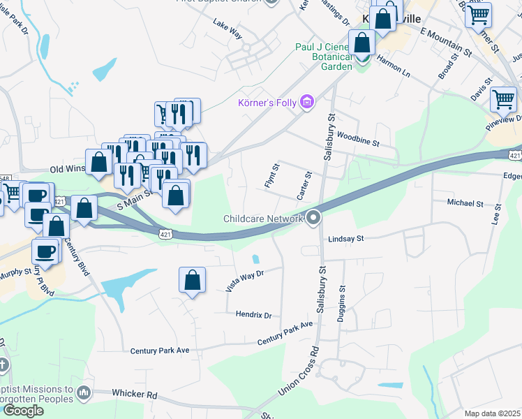 map of restaurants, bars, coffee shops, grocery stores, and more near 616 Woodlake Park Drive in Kernersville