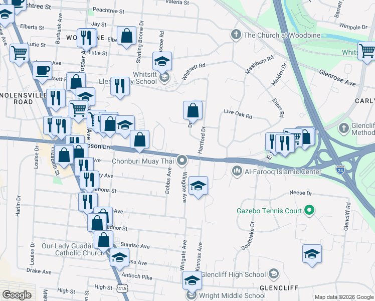 map of restaurants, bars, coffee shops, grocery stores, and more near 2815 Druid Drive in Nashville