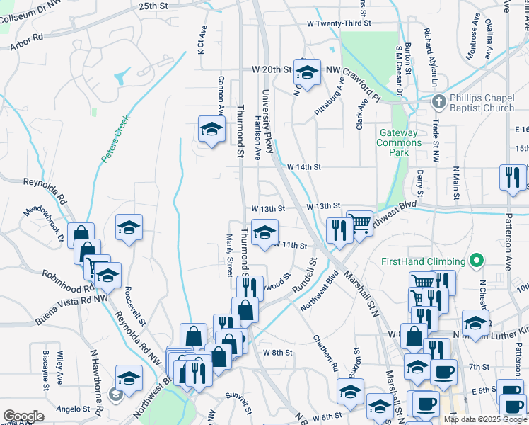 map of restaurants, bars, coffee shops, grocery stores, and more near 1206 West 13th Street in Winston-Salem
