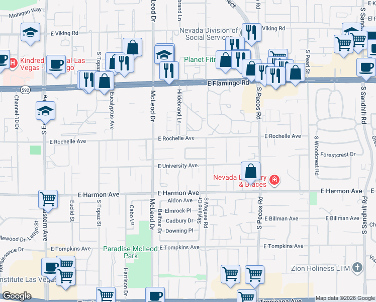 map of restaurants, bars, coffee shops, grocery stores, and more near 3123 East Rochelle Avenue in Las Vegas