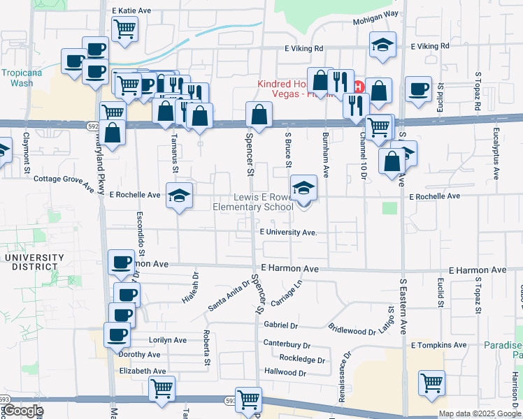 map of restaurants, bars, coffee shops, grocery stores, and more near 4326 Spencer Street in Las Vegas