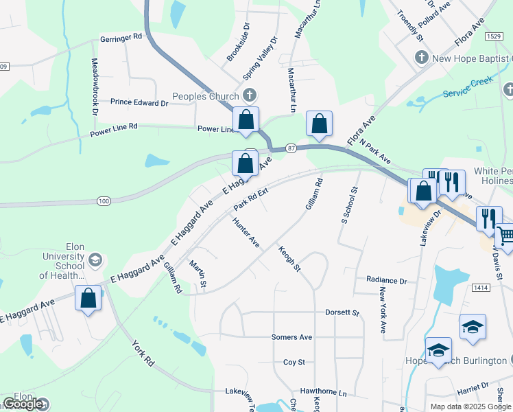 map of restaurants, bars, coffee shops, grocery stores, and more near 2538 North Park Road in Elon