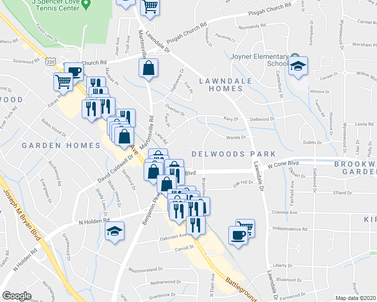 map of restaurants, bars, coffee shops, grocery stores, and more near 3001 Overton Drive in Greensboro