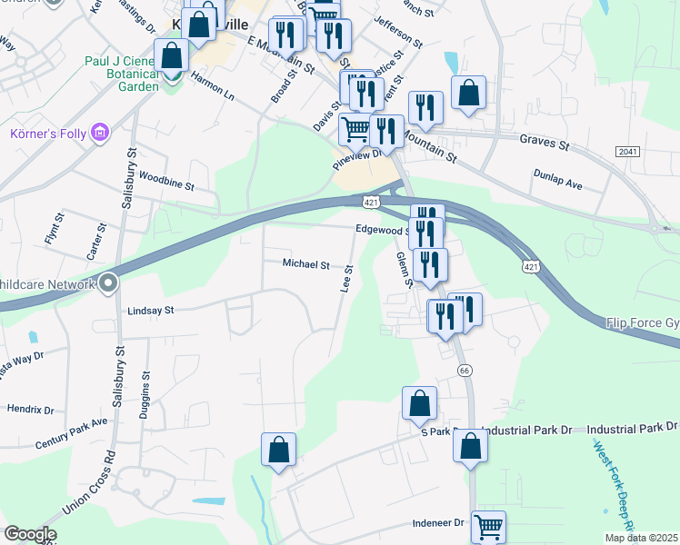 map of restaurants, bars, coffee shops, grocery stores, and more near 720 Lee Street in Kernersville