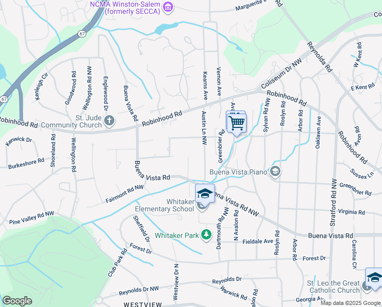 map of restaurants, bars, coffee shops, grocery stores, and more near 685 Kingsbury Circle in Winston-Salem