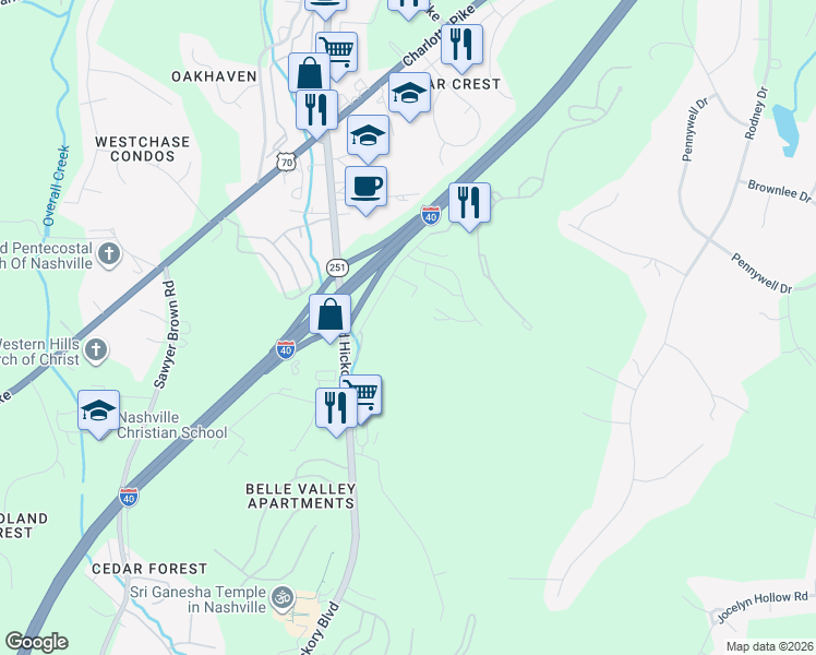 map of restaurants, bars, coffee shops, grocery stores, and more near 7305 Sonya Drive in Nashville