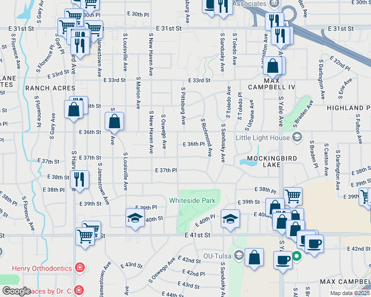 map of restaurants, bars, coffee shops, grocery stores, and more near 4107 East 36th Place in Tulsa