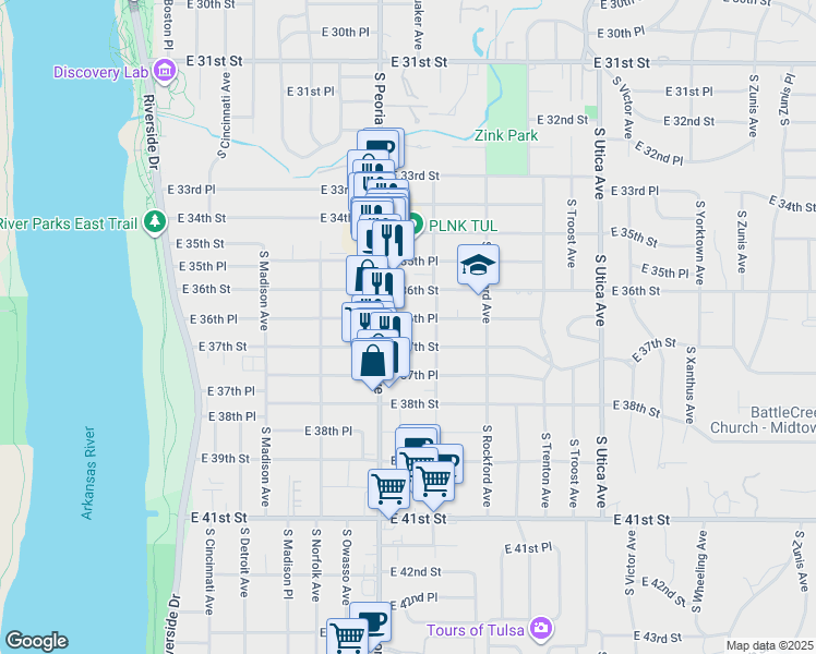 map of restaurants, bars, coffee shops, grocery stores, and more near 1331 East 36th Place in Tulsa