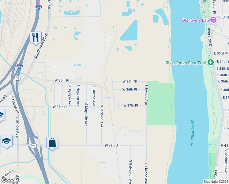 map of restaurants, bars, coffee shops, grocery stores, and more near 3612 South Galveston Avenue in Tulsa