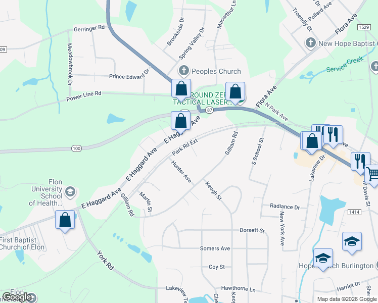 map of restaurants, bars, coffee shops, grocery stores, and more near 2538 North Park Road in Elon