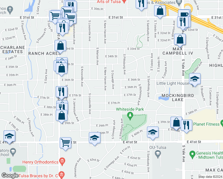 map of restaurants, bars, coffee shops, grocery stores, and more near 3634 South Oswego Avenue in Tulsa