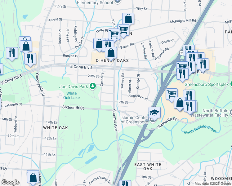 map of restaurants, bars, coffee shops, grocery stores, and more near 2800 Summit Avenue in Greensboro