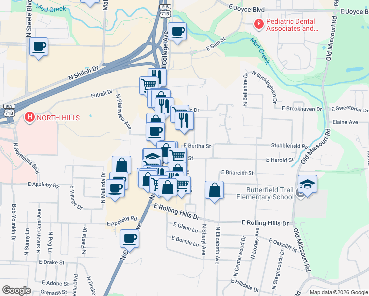 map of restaurants, bars, coffee shops, grocery stores, and more near 3290 North Lee Avenue in Fayetteville