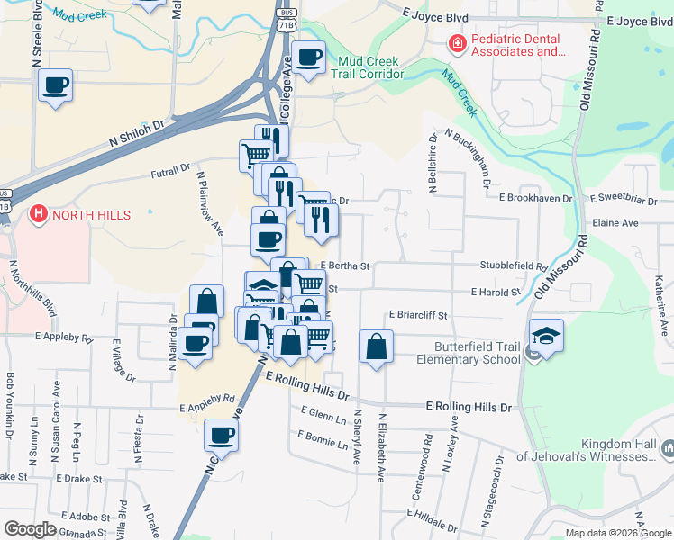 map of restaurants, bars, coffee shops, grocery stores, and more near 3290 North Lee Avenue in Fayetteville