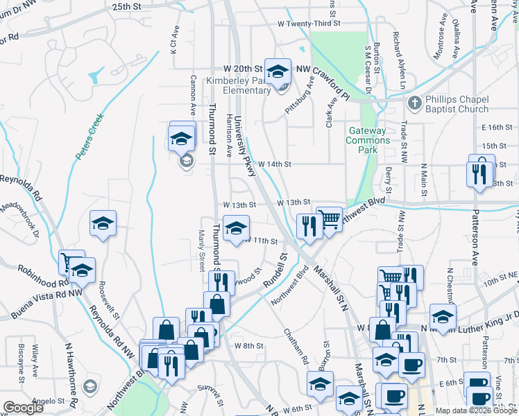 map of restaurants, bars, coffee shops, grocery stores, and more near 1000 West 13th Street in Winston-Salem