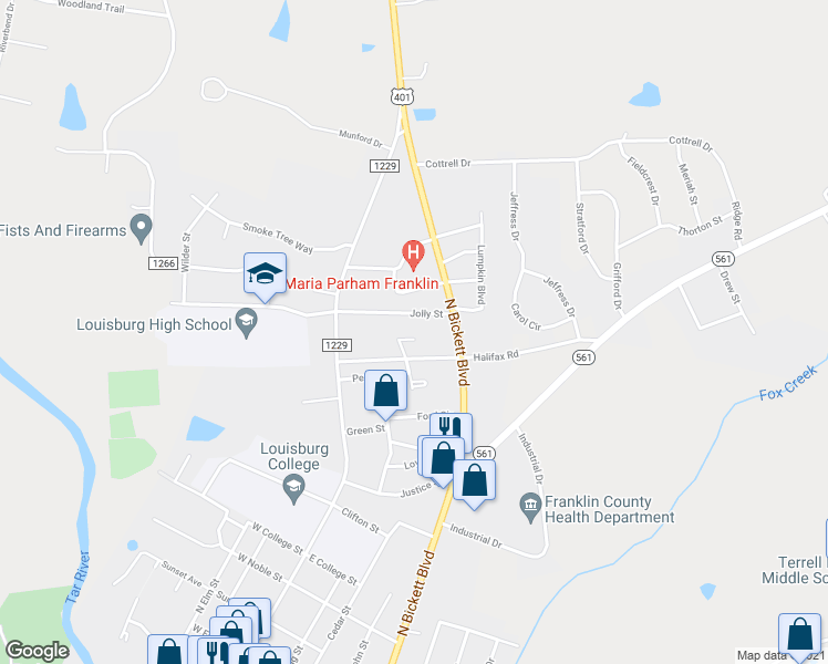 map of restaurants, bars, coffee shops, grocery stores, and more near 113 Beam Circle in Louisburg