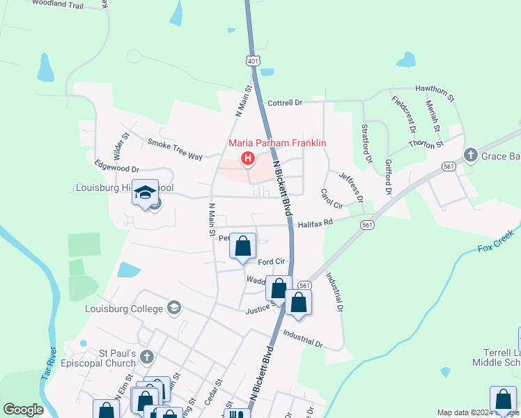 map of restaurants, bars, coffee shops, grocery stores, and more near 113 Beam Circle in Louisburg