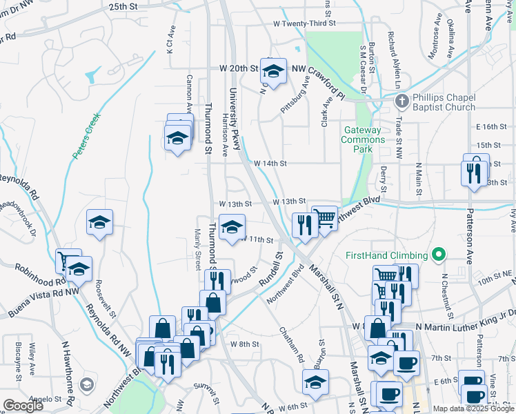 map of restaurants, bars, coffee shops, grocery stores, and more near 1000 West 13th Street in Winston-Salem