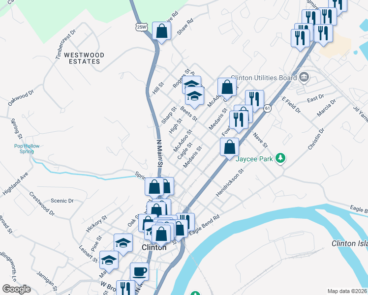 map of restaurants, bars, coffee shops, grocery stores, and more near 210 Scruggs Avenue in Clinton