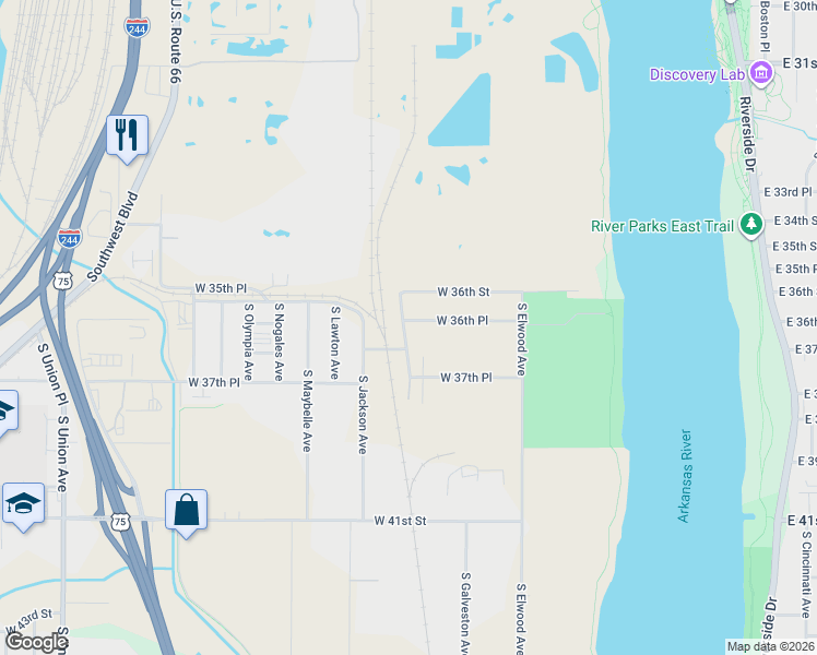 map of restaurants, bars, coffee shops, grocery stores, and more near 3612 South Galveston Avenue in Tulsa