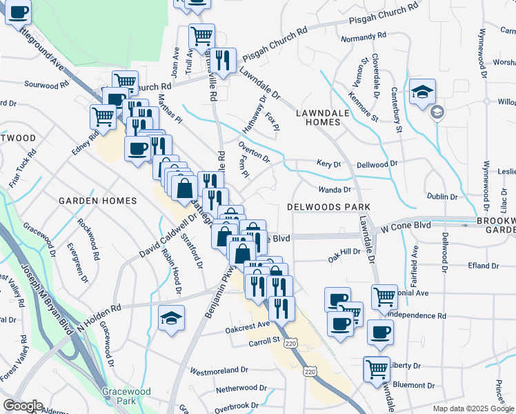 map of restaurants, bars, coffee shops, grocery stores, and more near 2509 Patriot Way in Greensboro