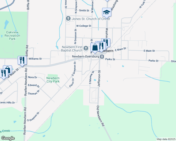 map of restaurants, bars, coffee shops, grocery stores, and more near 110 South Jackson Street in Newbern