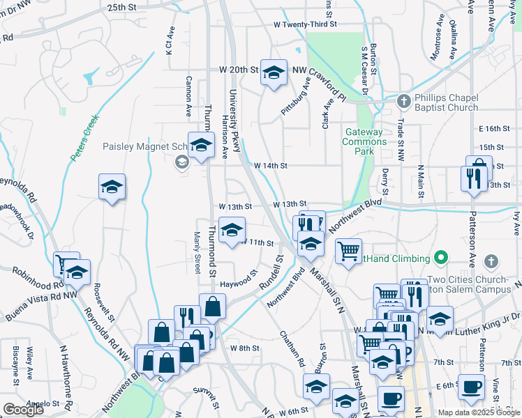 map of restaurants, bars, coffee shops, grocery stores, and more near 1000 West 13th Street in Winston-Salem