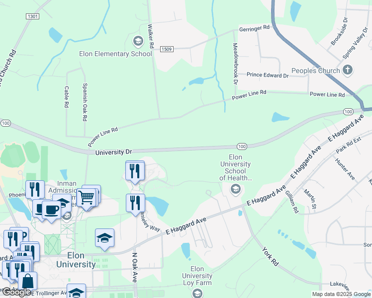 map of restaurants, bars, coffee shops, grocery stores, and more near University Drive in Elon